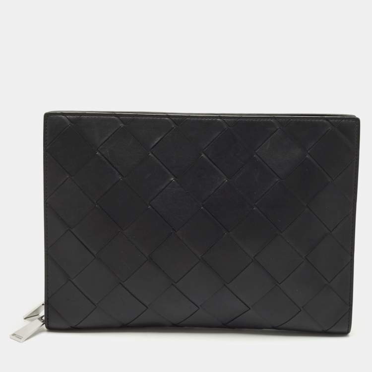 Pre Owned Bottega Veneta Black Intrecciato Leather Zip Document Case