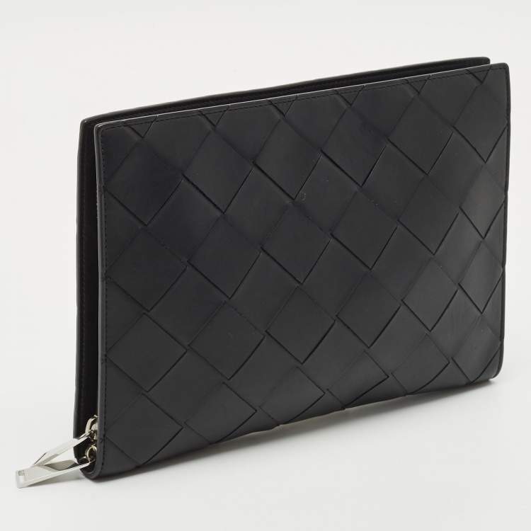 Pre Owned Bottega Veneta Black Intrecciato Leather Zip Document Case