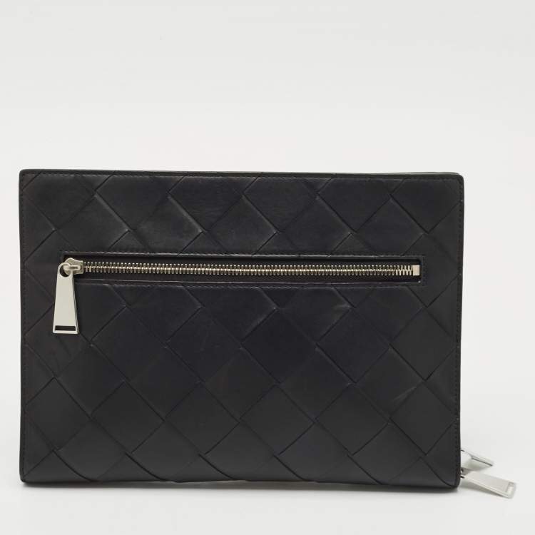 Pre Owned Bottega Veneta Black Intrecciato Leather Zip Document Case