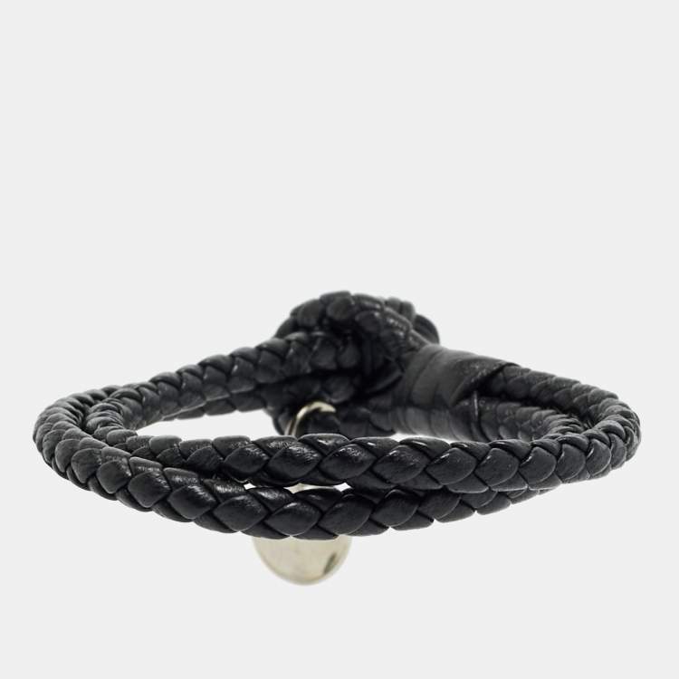 Pre Owned Bottega Veneta Black Intrecciato Leather Silver Tone Knot Bracelet
