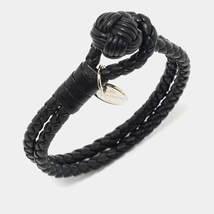 Pre Owned Bottega Veneta Black Intrecciato Leather Silver Tone Knot Bracelet