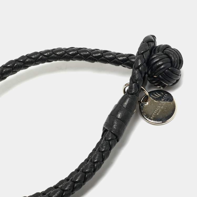 Pre Owned Bottega Veneta Black Intrecciato Leather Silver Tone Knot Bracelet
