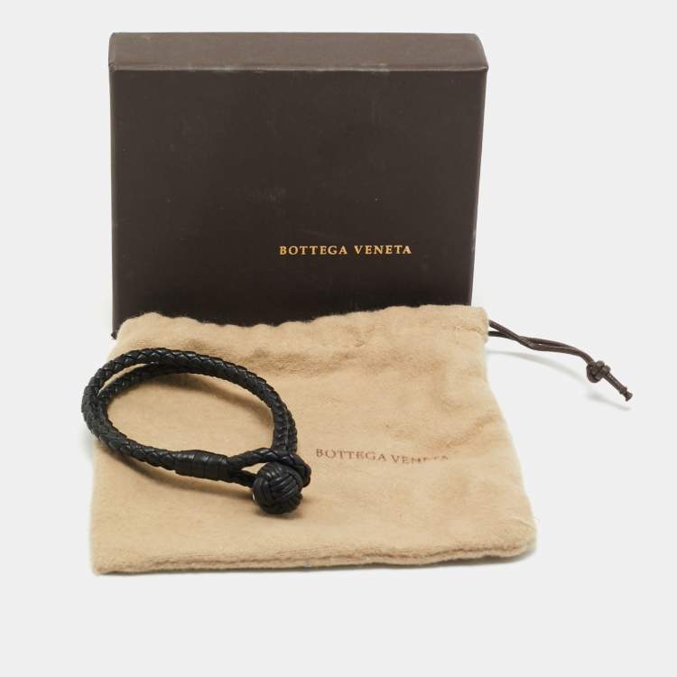 Pre Owned Bottega Veneta Black Intrecciato Leather Silver Tone Knot Bracelet