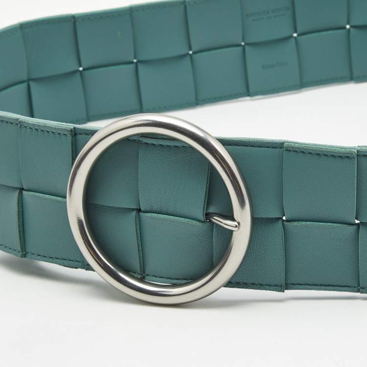 Pre Owned Bottega Veneta Blue Maxi Intrecciato Leather Wide Waist Belt 80 CM