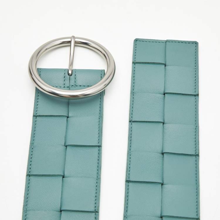 Pre Owned Bottega Veneta Blue Maxi Intrecciato Leather Wide Waist Belt 80 CM