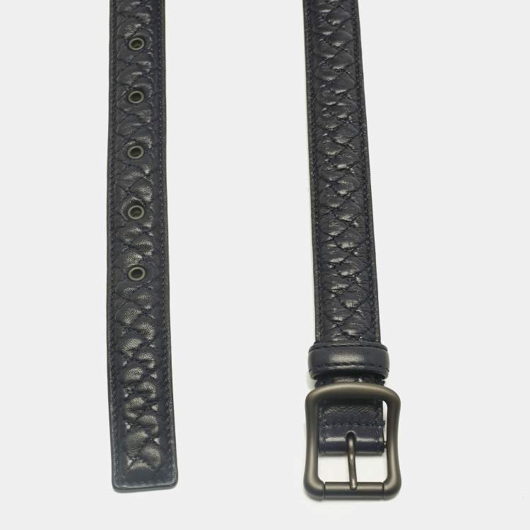 Pre Owned Bottega Veneta Navy Blue Intrecciato Leather Buckle Belt 75CM