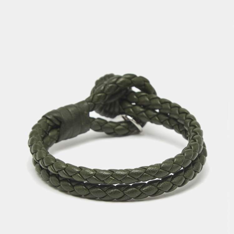 Pre Owned Bottega Veneta Intrecciato Leather Silver Tone Knot Bracelet