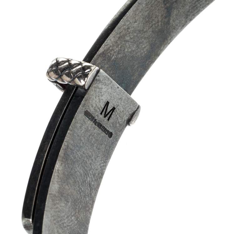 Pre Owned Bottega Veneta Intrecciato Brown Glitter Oxidized Silver Narrow Bracelet M