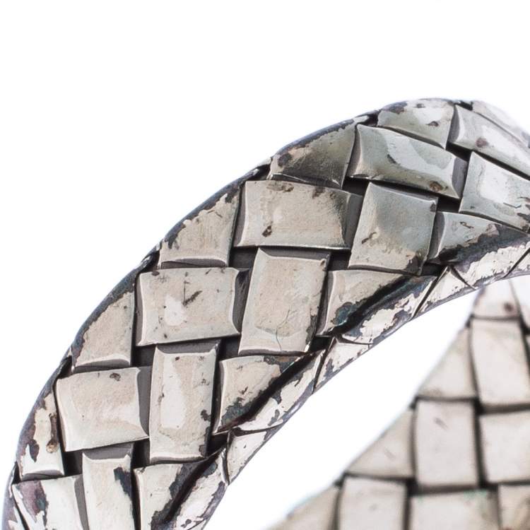 Pre Owned Bottega Veneta Intrecciato Woven Silver Band Ring Size 56