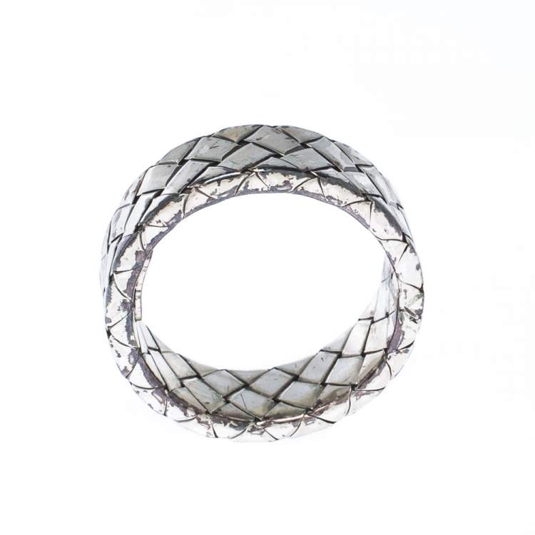 Pre Owned Bottega Veneta Intrecciato Woven Silver Band Ring Size 56