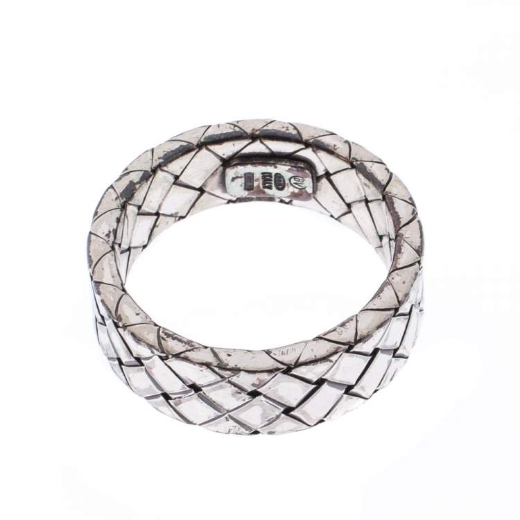 Pre Owned Bottega Veneta Intrecciato Woven Silver Band Ring Size 56