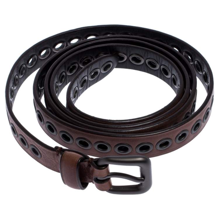 Pre Owned Bottega Veneta Brown Eyelet Leather Double Wrap Buckle Belt 140CM