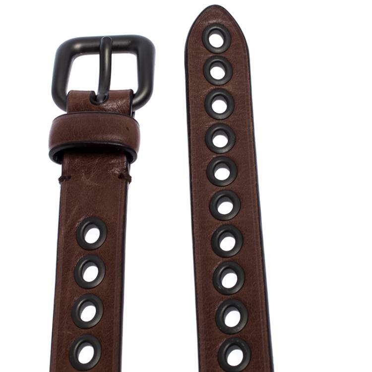 Pre Owned Bottega Veneta Brown Eyelet Leather Double Wrap Buckle Belt 140CM