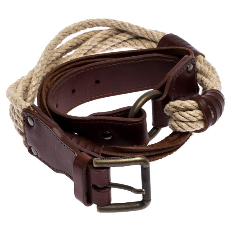 Pre Owned Bottega Veneta Brown/Beige Leather and Rope Knot Buckle Belt 85CM