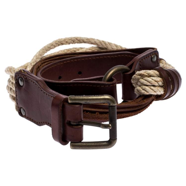 Pre Owned Bottega Veneta Brown/Beige Leather and Rope Knot Buckle Belt 85CM