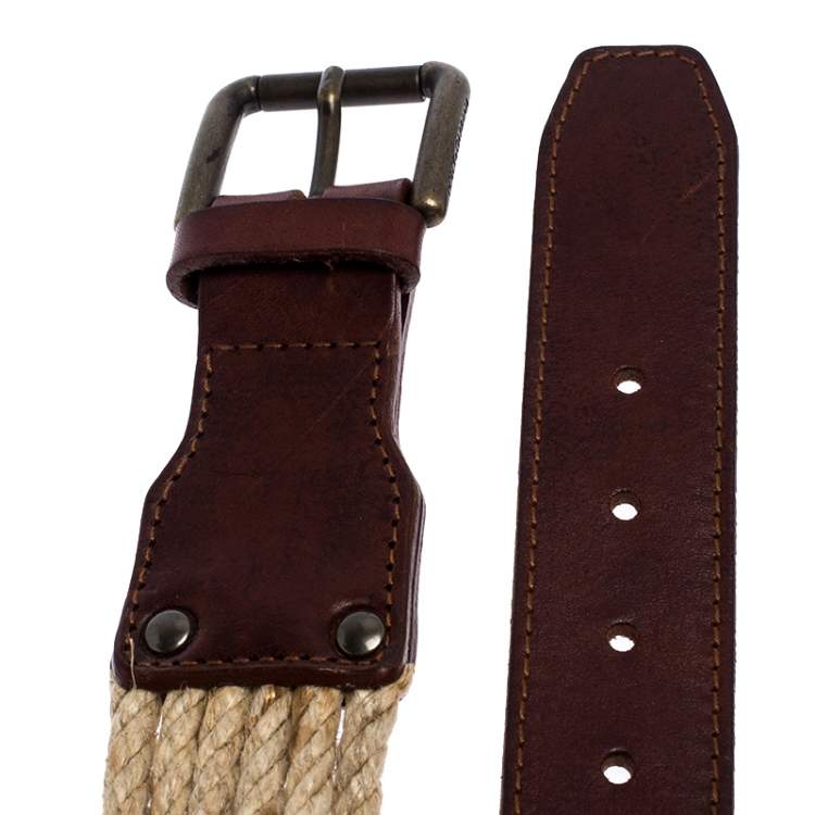 Pre Owned Bottega Veneta Brown/Beige Leather and Rope Knot Buckle Belt 85CM