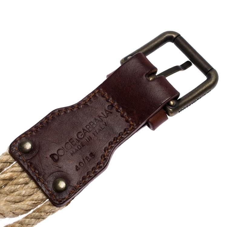 Pre Owned Bottega Veneta Brown/Beige Leather and Rope Knot Buckle Belt 85CM