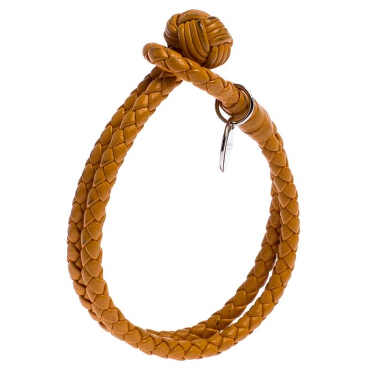Pre Owned Bottega Veneta Mustard Yellow Intrecciato Nappa Leather Double Strand Bracelet