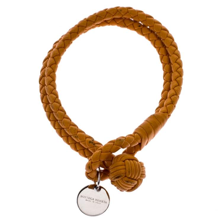 Pre Owned Bottega Veneta Mustard Yellow Intrecciato Nappa Leather Double Strand Bracelet