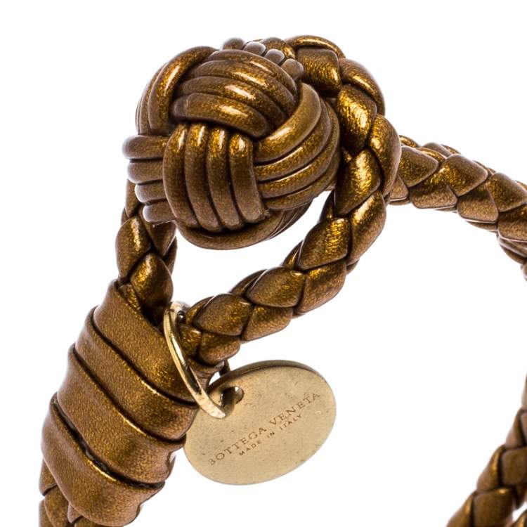 Pre Owned Bottega Veneta Bronze Gold Laminated Effect Leather Double Strand Intrecciato Bracelet