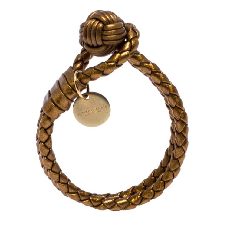 Pre Owned Bottega Veneta Bronze Gold Laminated Effect Leather Double Strand Intrecciato Bracelet