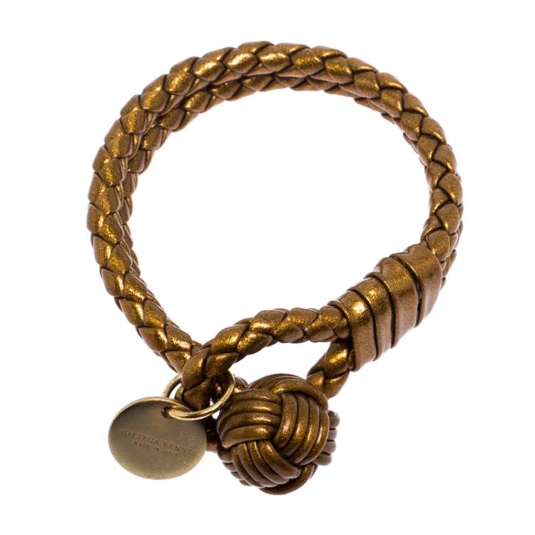 Pre Owned Bottega Veneta Bronze Gold Laminated Effect Leather Double Strand Intrecciato Bracelet