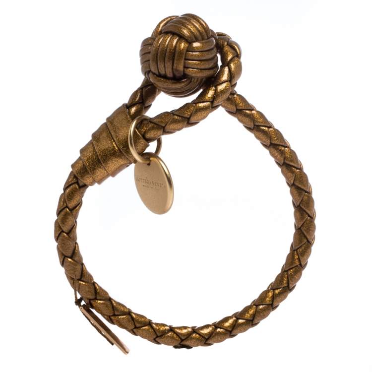 Pre Owned Bottega Veneta Gold Laminated Effect Leather Intrecciato Bracelet S