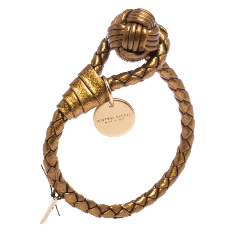 Pre Owned Bottega Veneta Gold Laminated Effect Leather Intrecciato Bracelet S