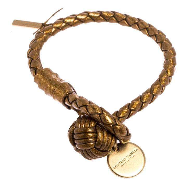 Pre Owned Bottega Veneta Gold Laminated Effect Leather Intrecciato Bracelet S