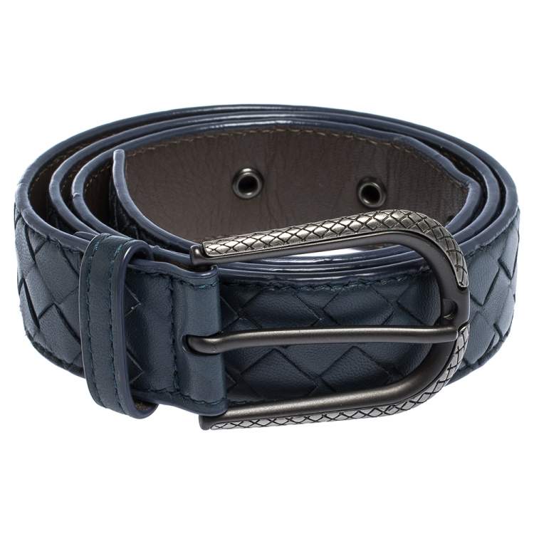 Pre Owned Bottega Veneta Blue Intrecciato Leather Buckle Belt 85CM
