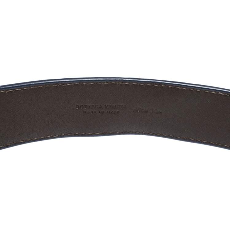 Pre Owned Bottega Veneta Blue Intrecciato Leather Buckle Belt 85CM