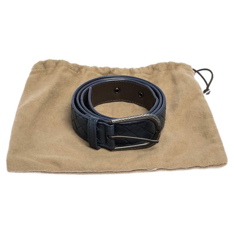 Pre Owned Bottega Veneta Blue Intrecciato Leather Buckle Belt 85CM