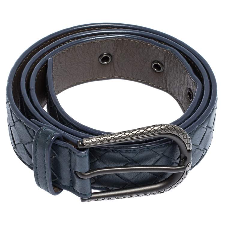 Pre Owned Bottega Veneta Blue Intrecciato Leather Buckle Belt 85CM