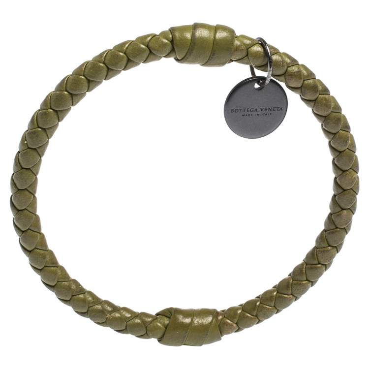 Pre Owned Bottega Veneta Green Intrecciato Leather Bangle Bracelet