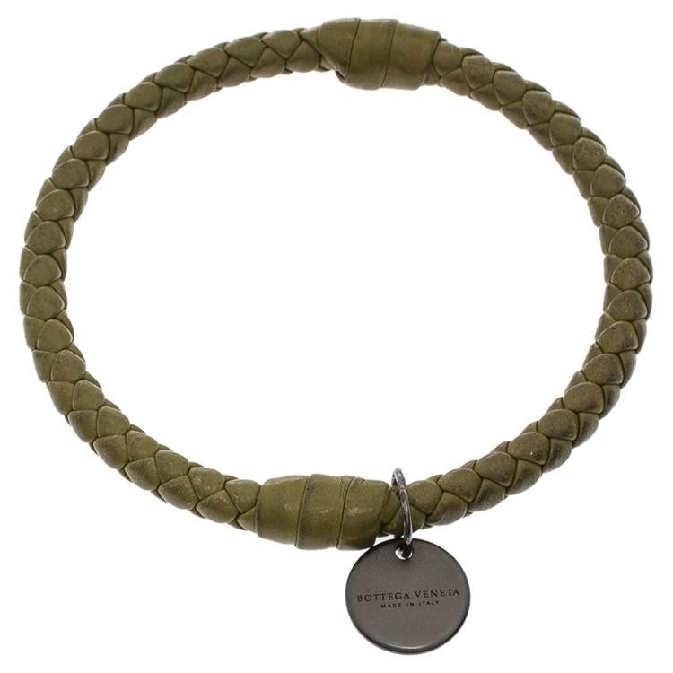 Pre Owned Bottega Veneta Green Intrecciato Leather Bangle Bracelet