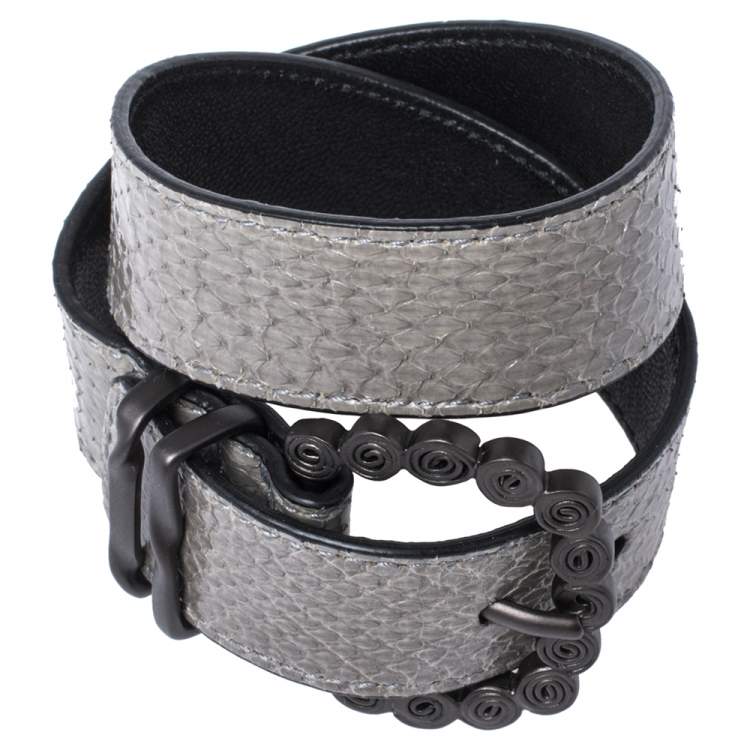 Pre Owned Bottega Veneta Grey Snakeskin Double Wrap Bracelet S