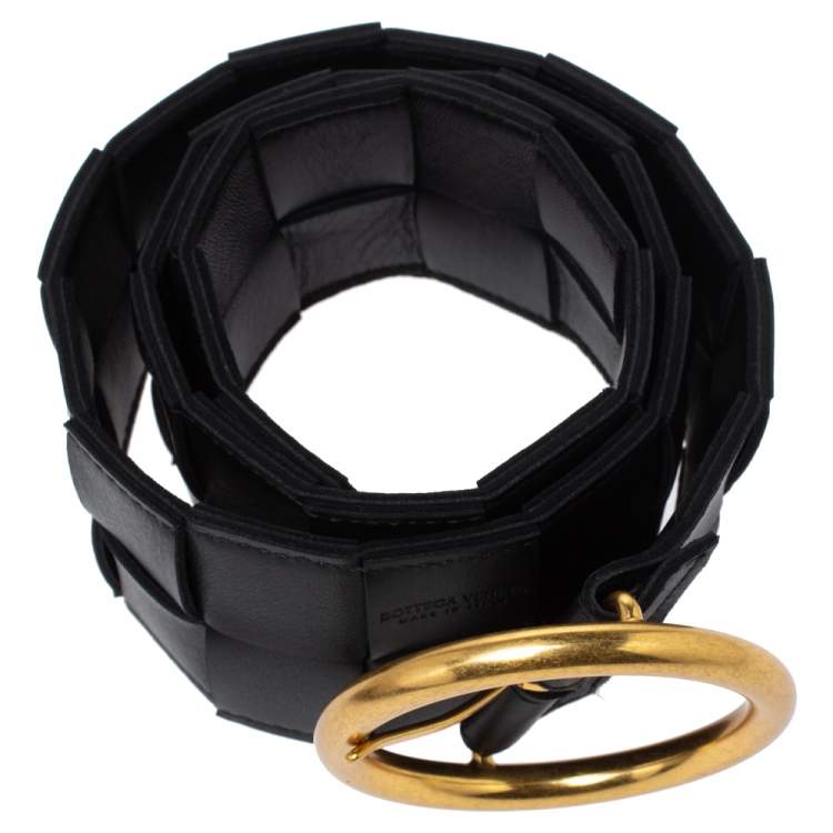 Pre Owned Bottega Veneta Black Orthogonal Maxi Weave Leather Circular Buckle Belt Size 75 CM