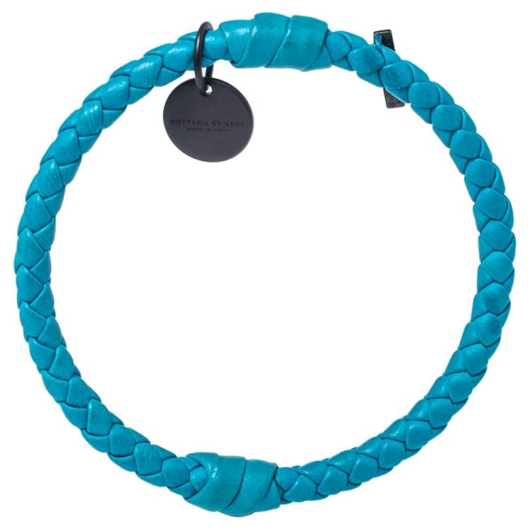 Pre Owned Bottega Veneta Blue Intrecciato Woven Leather Bangle Bracelet S