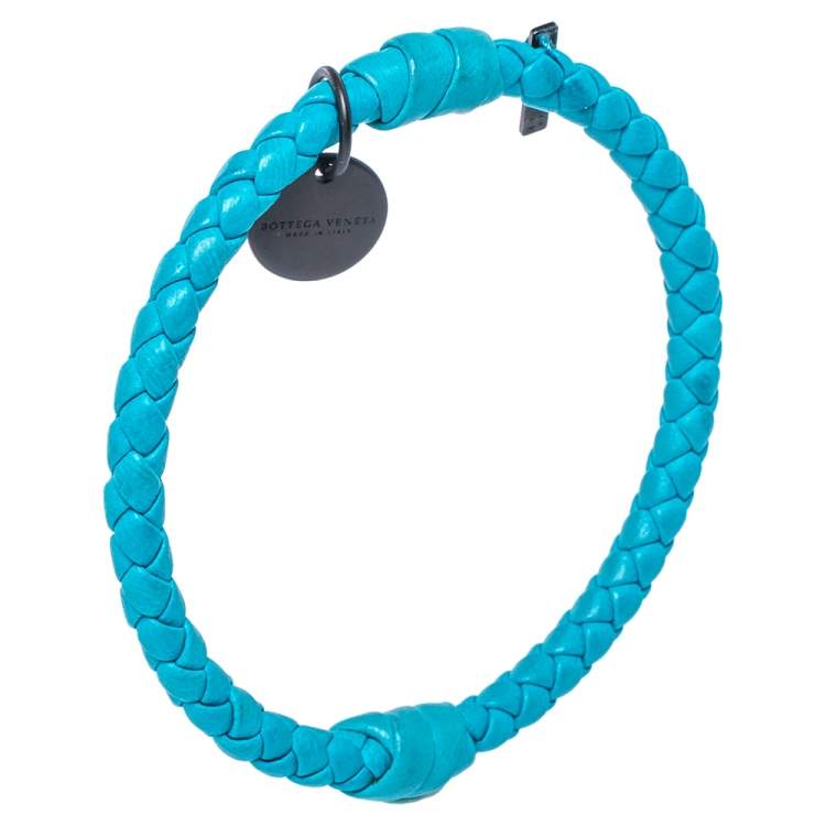 Pre Owned Bottega Veneta Blue Intrecciato Woven Leather Bangle Bracelet S