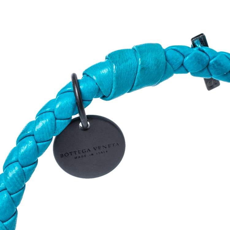 Pre Owned Bottega Veneta Blue Intrecciato Woven Leather Bangle Bracelet S