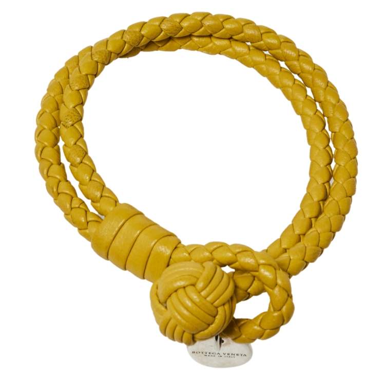 Pre Owned Bottega Veneta Yellow Intrecciato Nappa Leather Double Strand Bracelet M