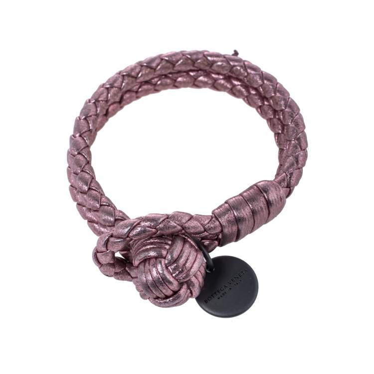 Pre Owned Bottega Veneta Metallic Pink Intrecciato Leather Double Row Knot Bracelet XS