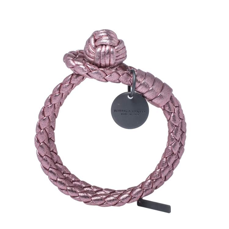 Pre Owned Bottega Veneta Metallic Pink Intrecciato Leather Double Row Knot Bracelet XS