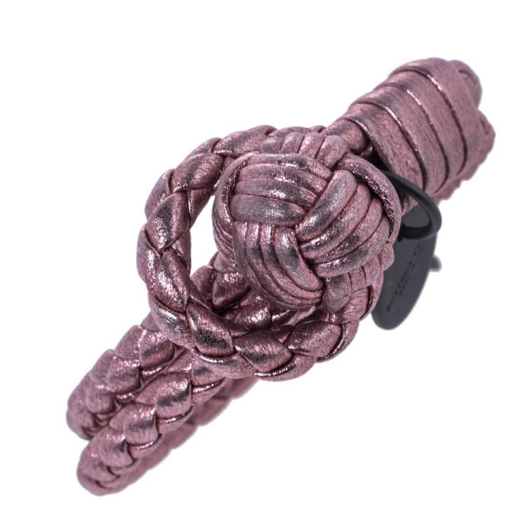 Pre Owned Bottega Veneta Metallic Pink Intrecciato Leather Double Row Knot Bracelet XS