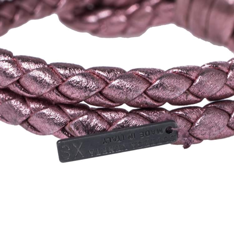 Pre Owned Bottega Veneta Metallic Pink Intrecciato Leather Double Row Knot Bracelet XS