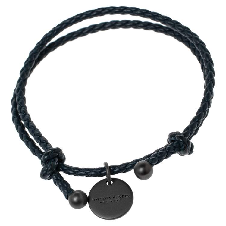 Pre Owned Bottega Veneta Navy Blue Intrecciato Leather Adjustable Bracelet