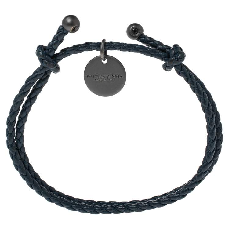 Pre Owned Bottega Veneta Navy Blue Intrecciato Leather Adjustable Bracelet