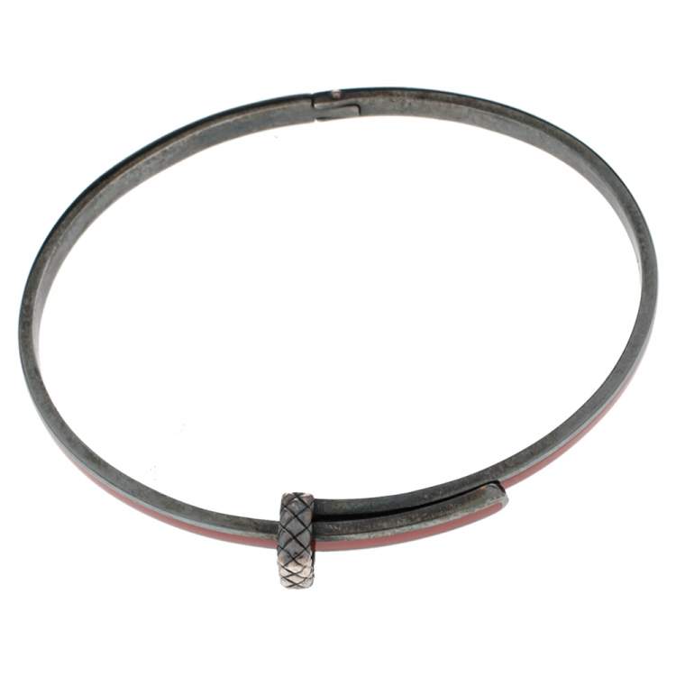 Pre Owned Bottega Veneta Sterling Silver Red Enamel Cuff Bracelet S