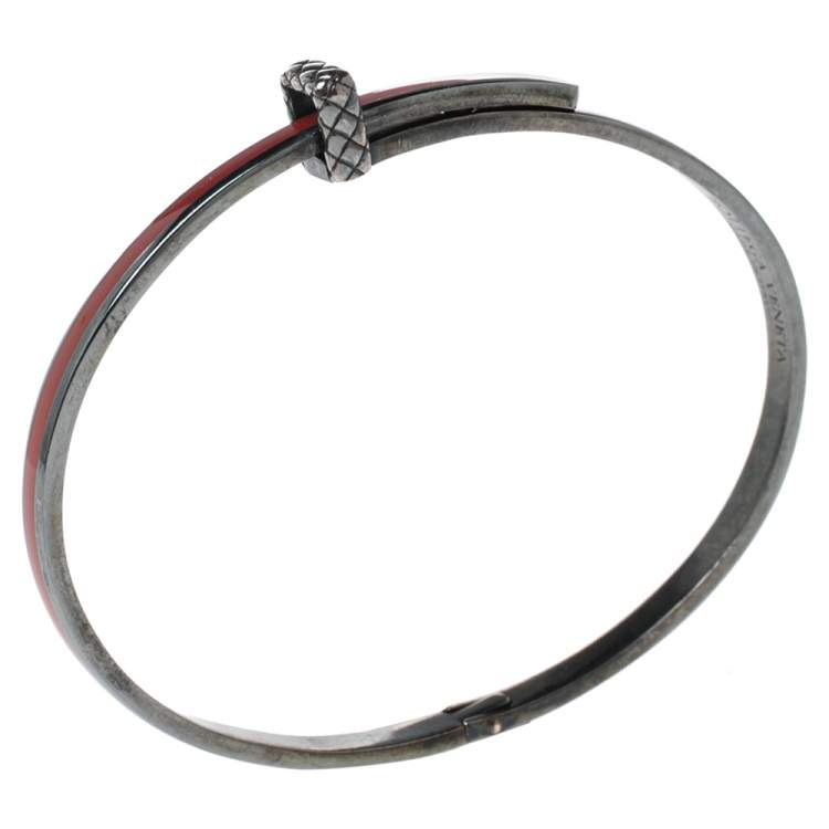 Pre Owned Bottega Veneta Sterling Silver Red Enamel Cuff Bracelet S