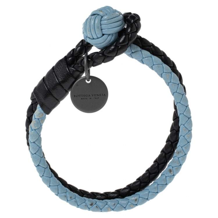 Pre Owned Bottega Veneta Blue & Black Intrecciato Leather Double Knot Bracelet